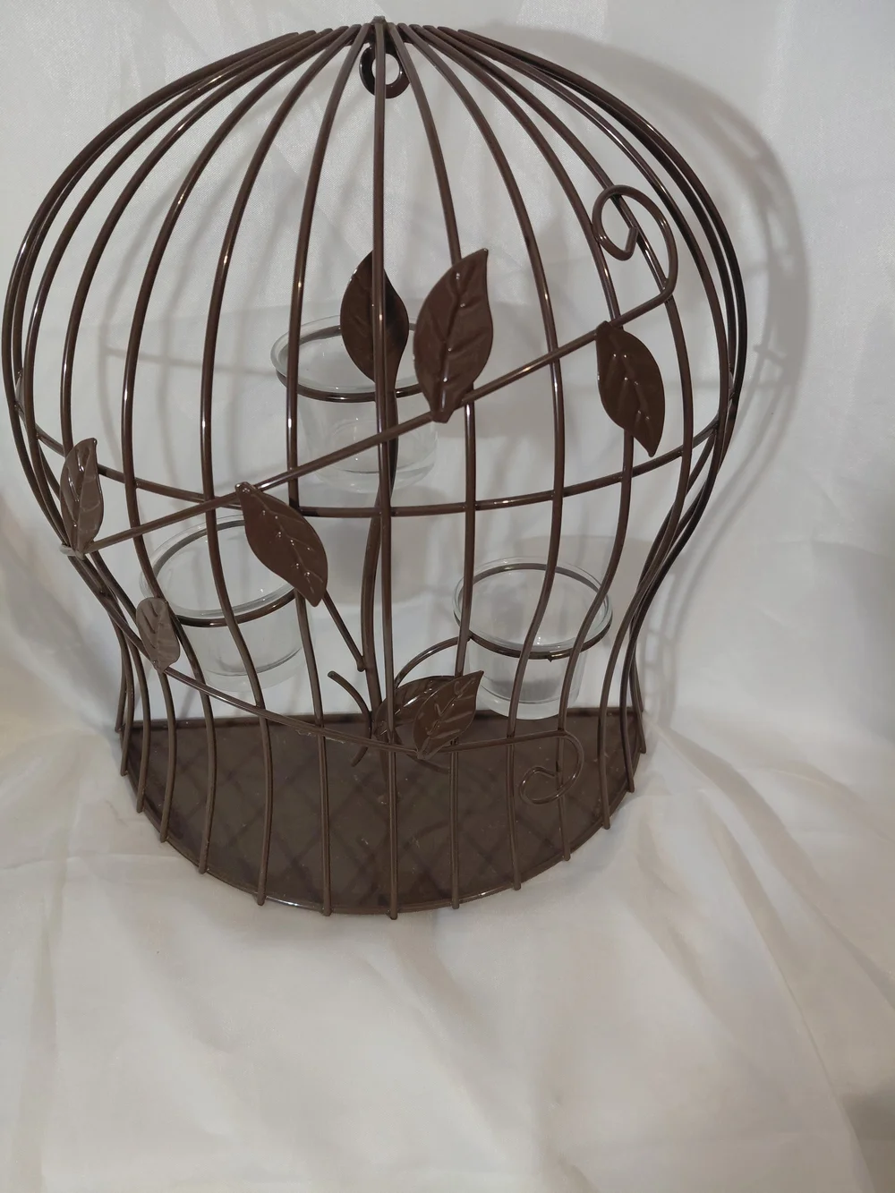Decorative Brown Metal Birdcage Wall Shelf with Leaf Motif
